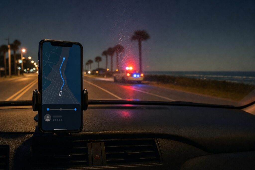 Rideshare accident lawyer Brunswick GA - Uber Lyft trip screen on car dashboard at night